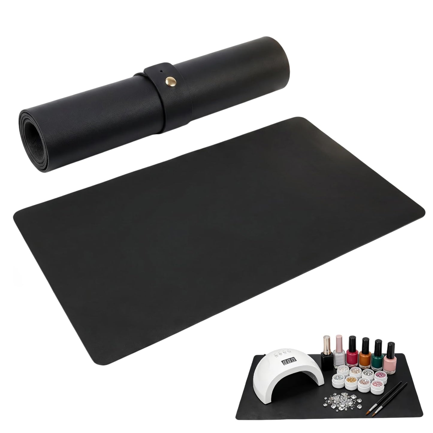 23.6 x 11.8 inches Foldable Nail Art Table Mat, Waterproof Non-Slip PU Leather Nail Desk Pad, Reusable Manicure Mat for Nail Tech Salon Home Acrylic Nails (Black)