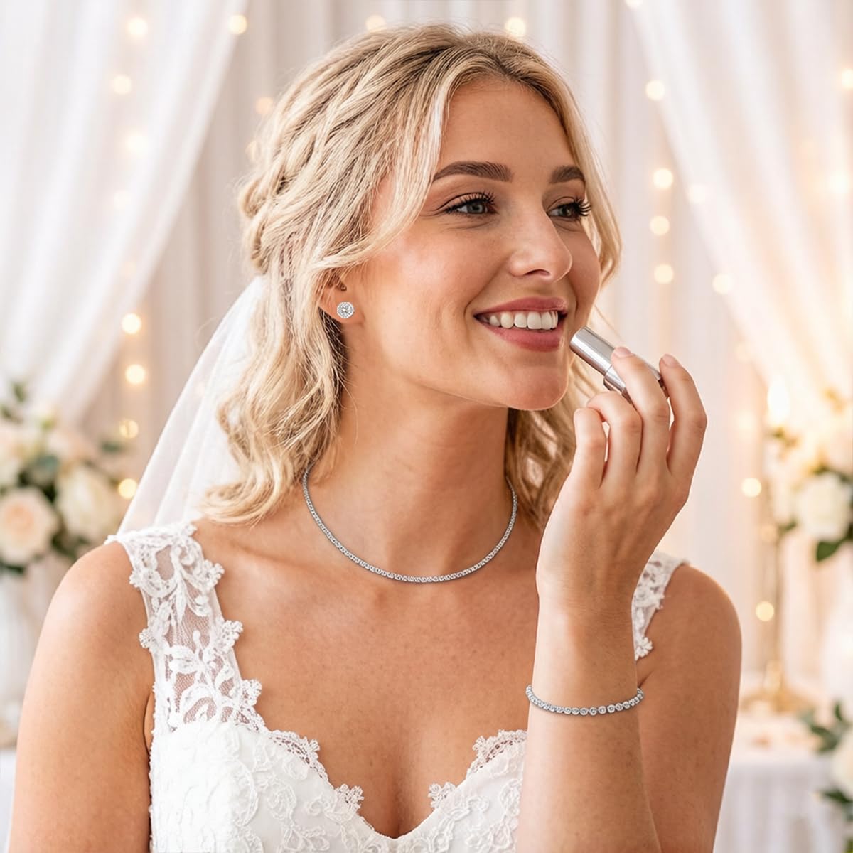 JNUIEU Silver Tennis Necklace and Bracelet Set for Women Wedding Jewelry Sets for Brides Earrings Prom Bridesmaid Jewelry (Silver01)