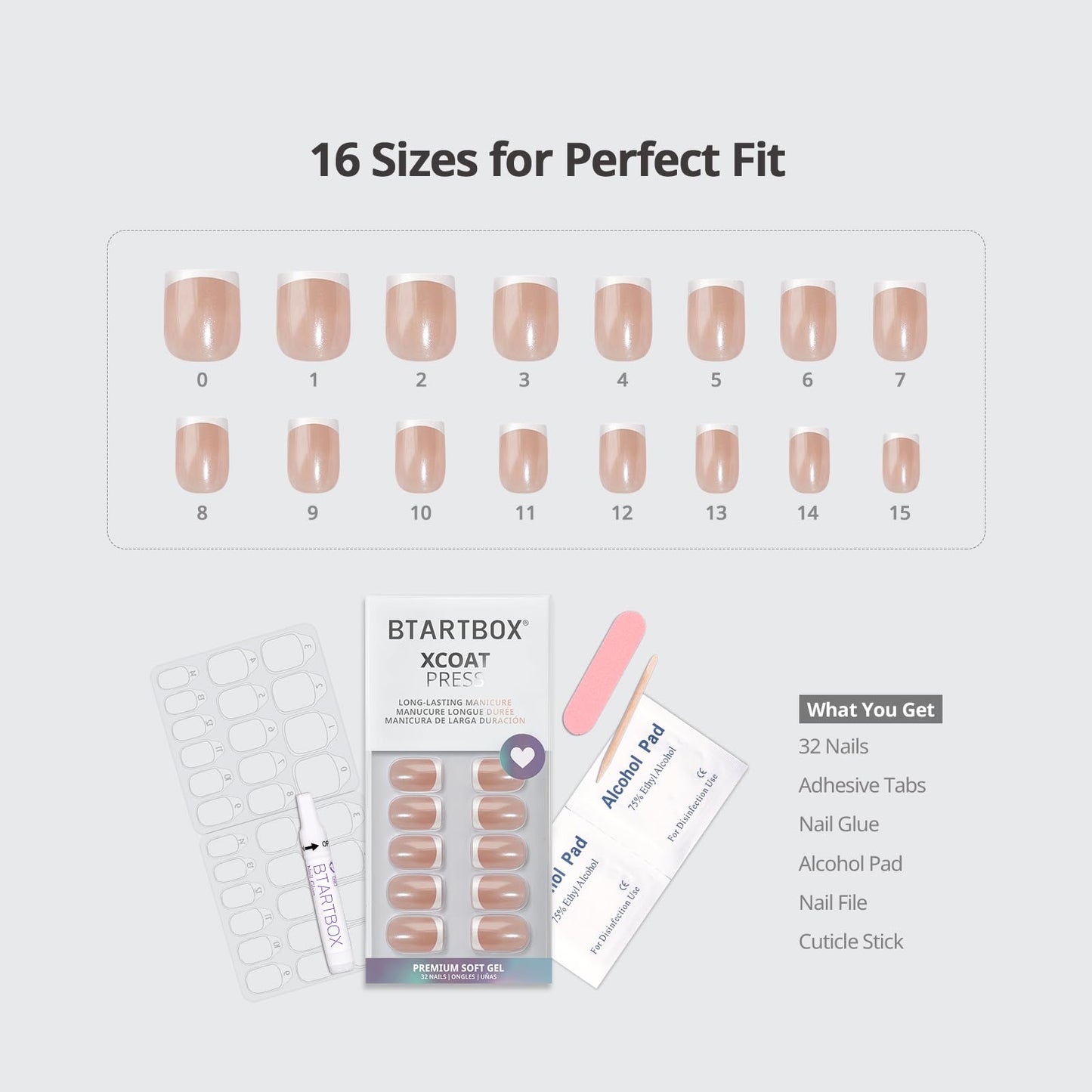 BTArtbox Press On Nails Short - Lamp-Curable Chrome French Tip Square Press On Nails with Glue for Women, Semi-Transparent Soft Gel Glue On Nails in 16 Sizes - 32 Stick On Nails Kit, Evening Attire