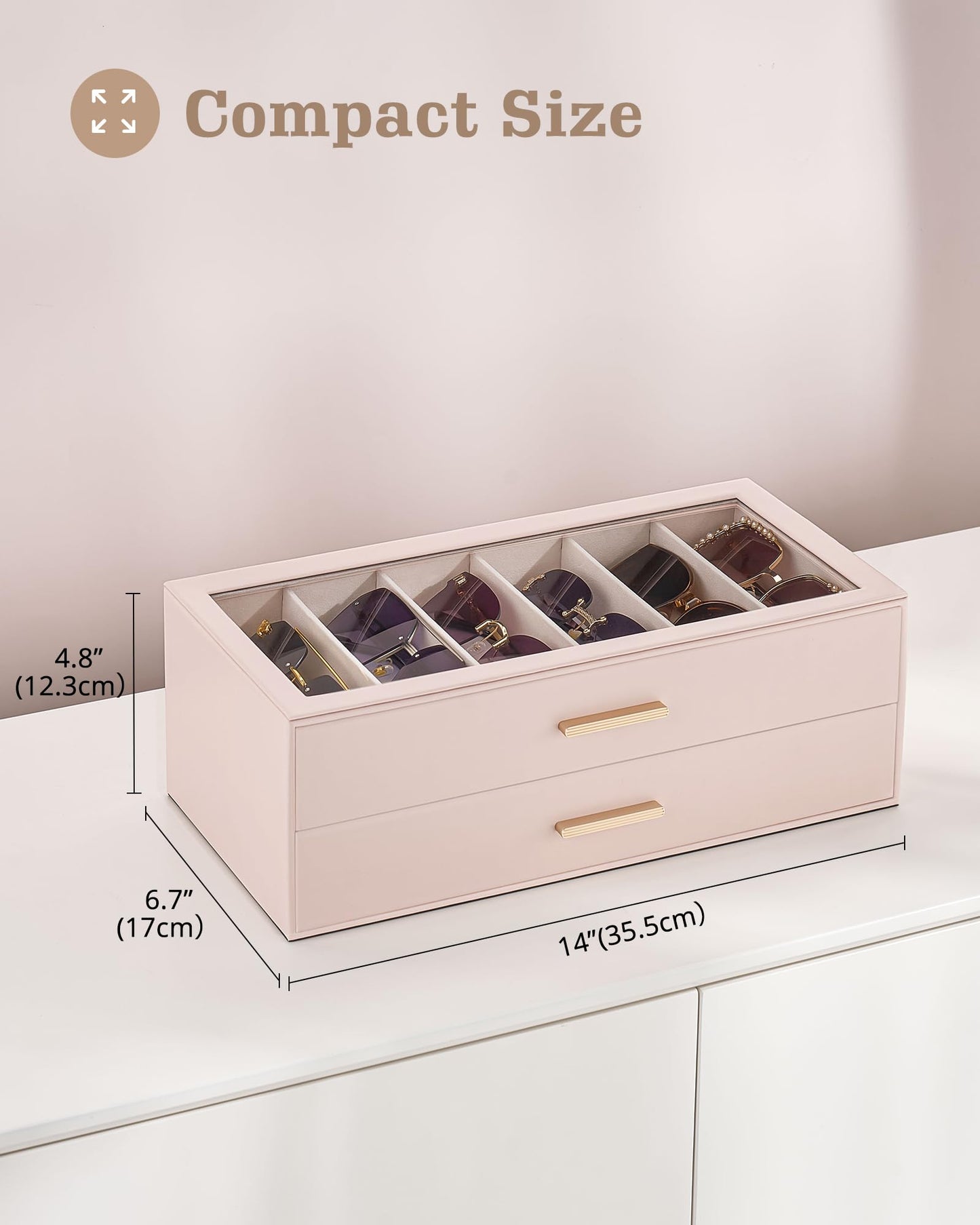 Lolalet 12 Slots 2-Layer Sunglasses Storage Box for Women, Eyewear Eye Glass Sunglass Organizer with Clear Top Lid Display Holder Case for Sunglasses Eyeglass Watch Jewelry -Pink