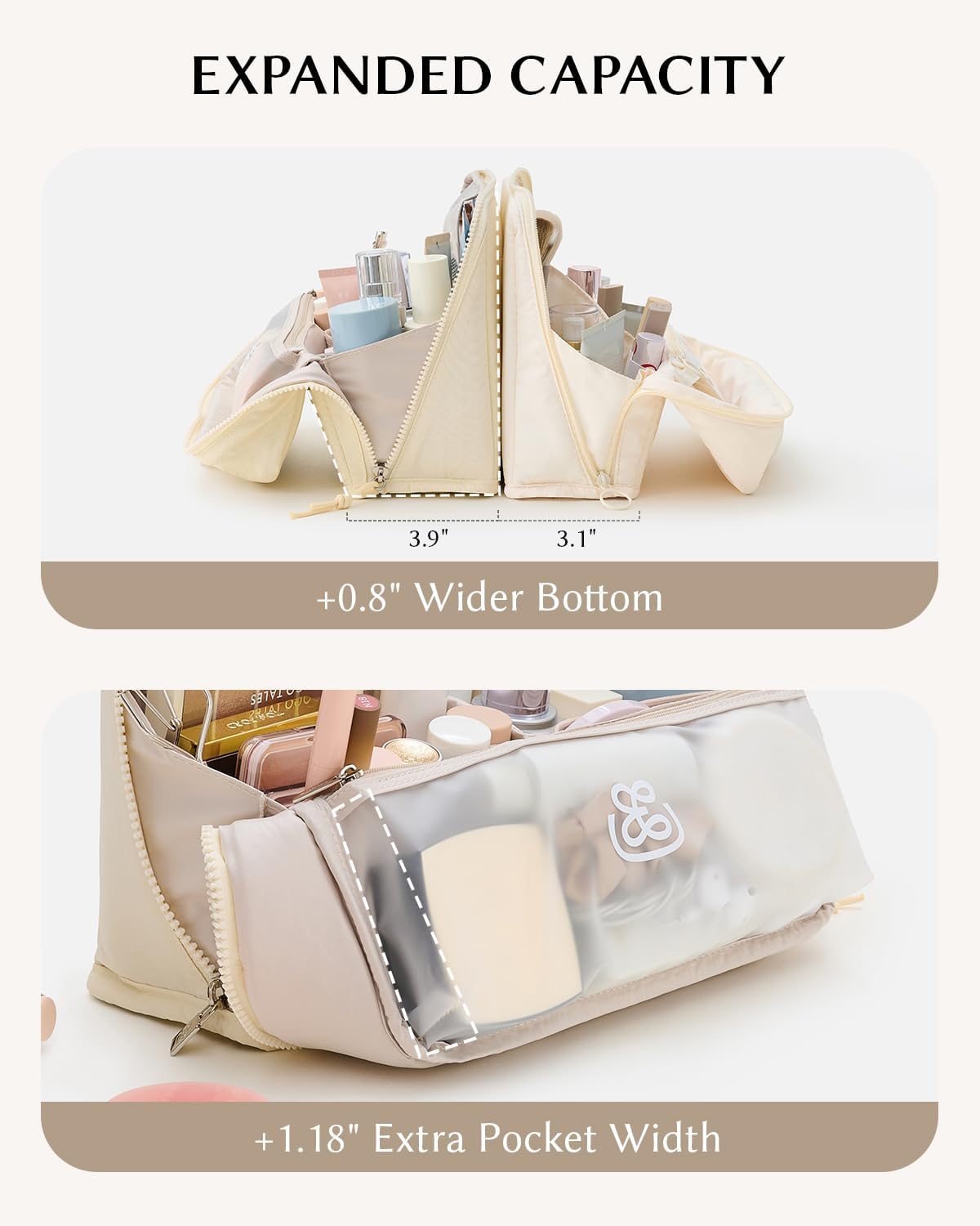 Large Waterproof Makeup Bag - EACHY Cosmetic Organizer with Phone Holder & Detachable Dividers | Wipe-Clean Brush Pouch for Women