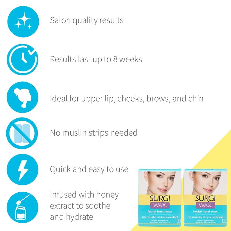 Surgiwax Microwaveable Facial Hair Removal Wax, Hard Wax Kit – Stripless Hair Removal for Face, & Upper Lip, At-Home Waxing Kit for Women, 1 Oz, 2 Pack