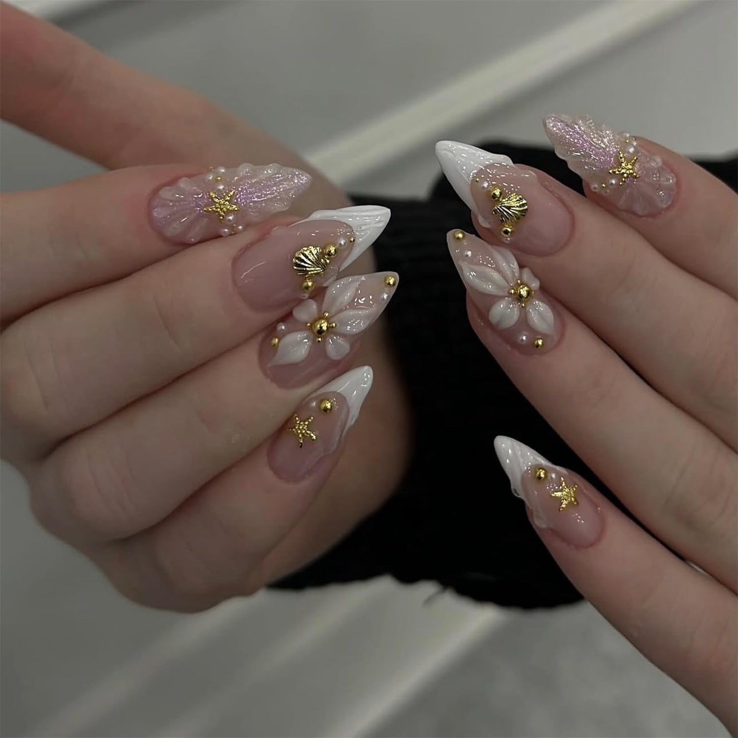 French Tip Press-On Nails - 24pcs Medium Almond with 3D Floral Gold Pearl Shell Designs | Summer Glitter Acrylic Full Cover