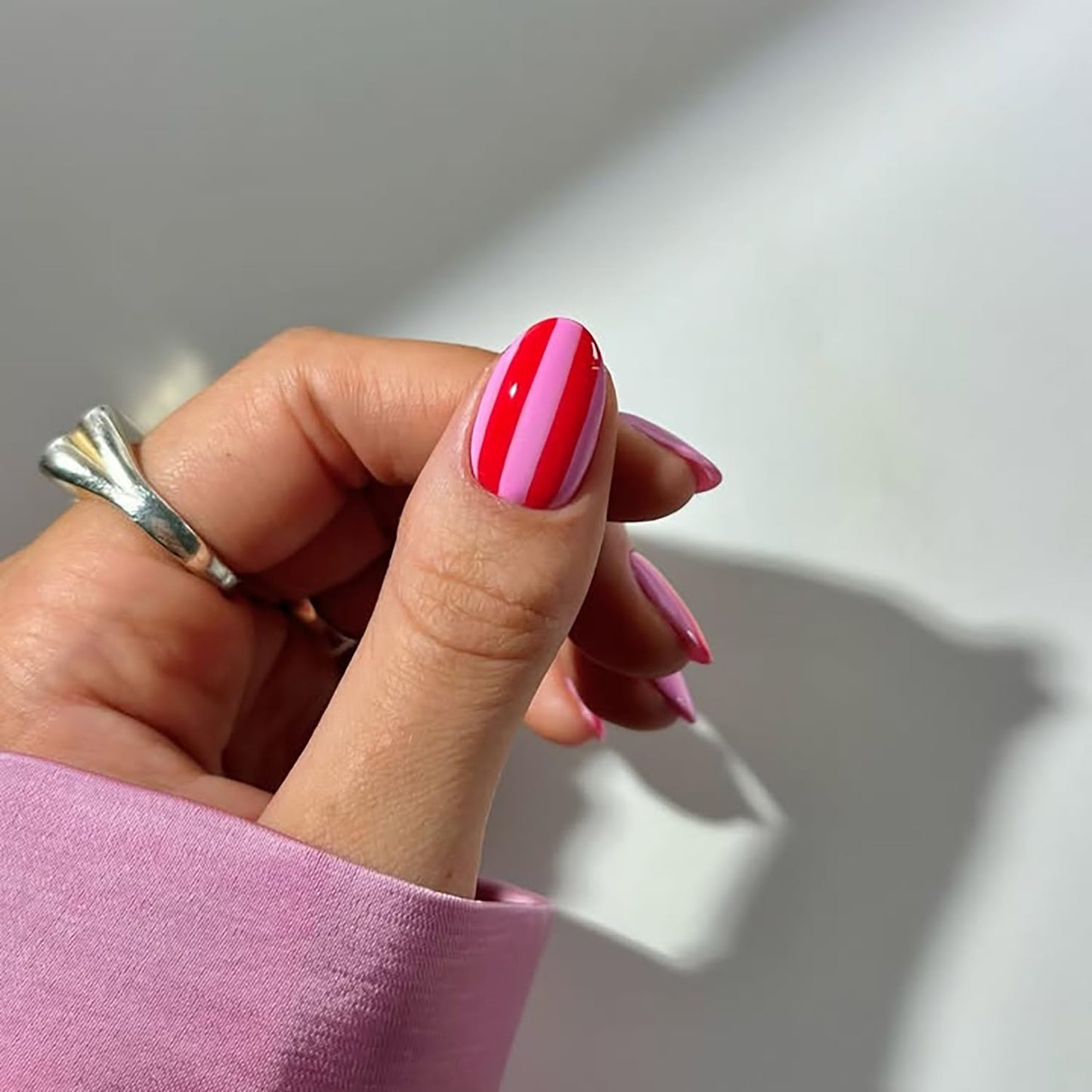Short Press-On Almond Fake Nails - Rose Pink Acrylic with Glossy Stripe Designs | Reusable Full Cover Nails for Women
