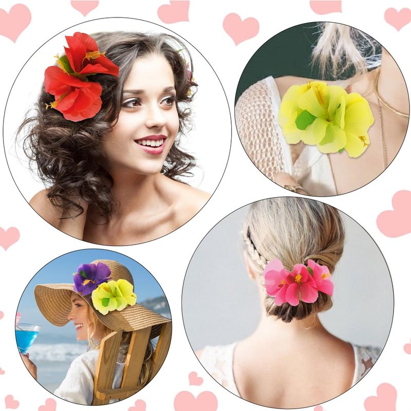 Hawaiian Hibiscus Flower Hair Accessories - 4-Piece Chiffon Barrettes & Pins for Women | Beach Luau Party Decor (Purple/Red/Pink/Yellow)
