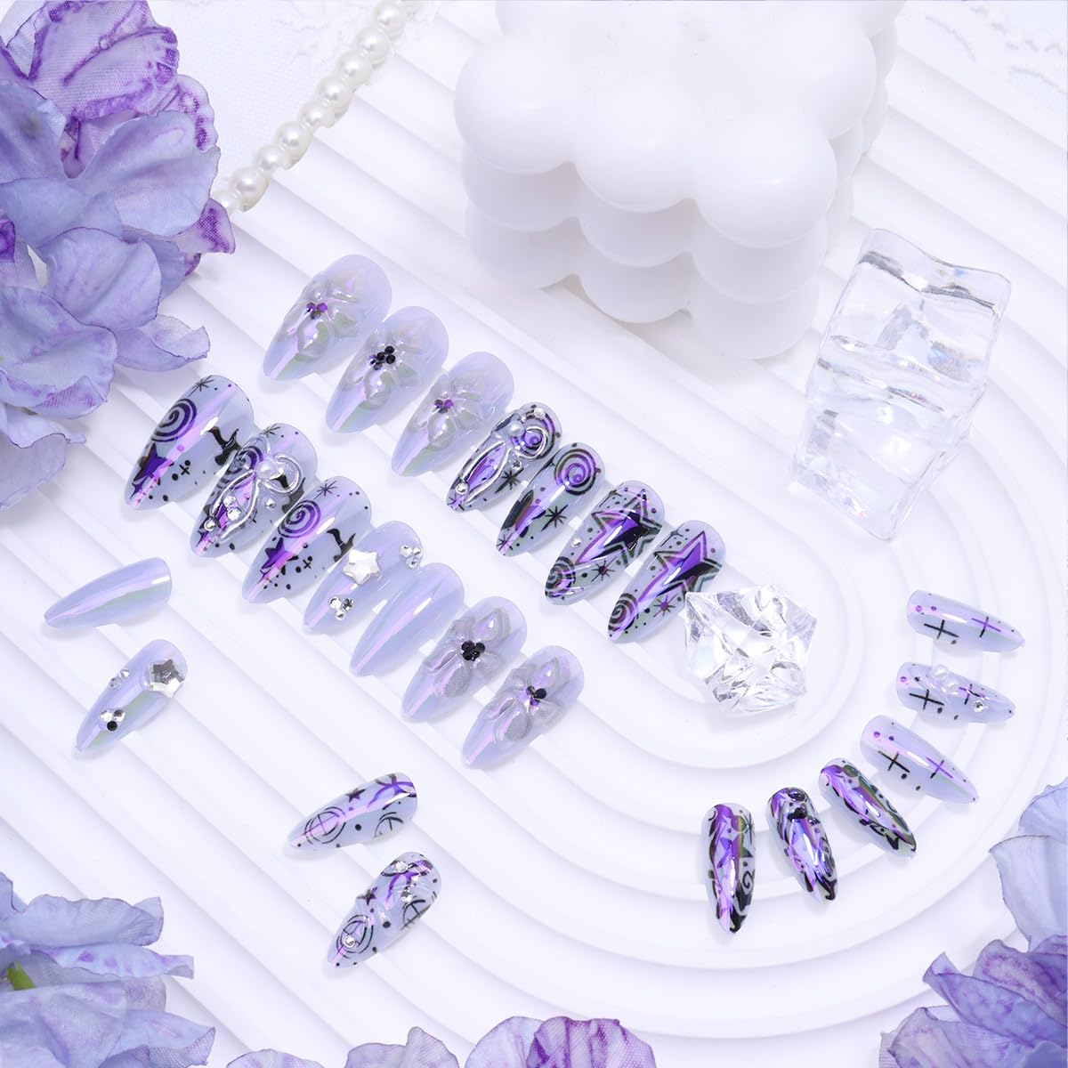 Press On Nails - 24 Pcs Medium Almond Purple Flower Design with 3D Silver Bow & Pearl Gems | Full Cover Acrylic
