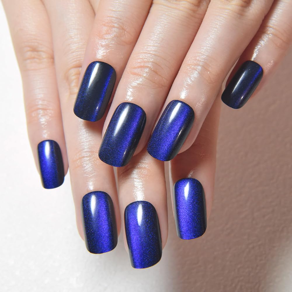 Aqua Blue Cat Eye Press-On Nails - Medium Square Chrome Design | Holographic Glitter Gel Acrylic Reusable