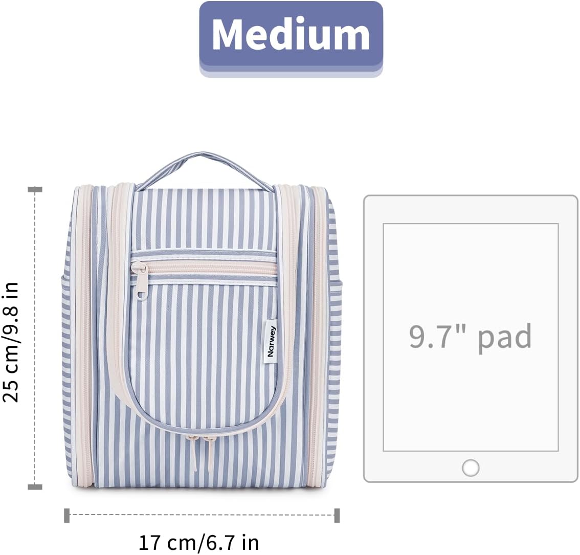 Small Striped Hanging Travel Toiletry Bag for Women - Makeup Organizer | Greyish Blue Stripe