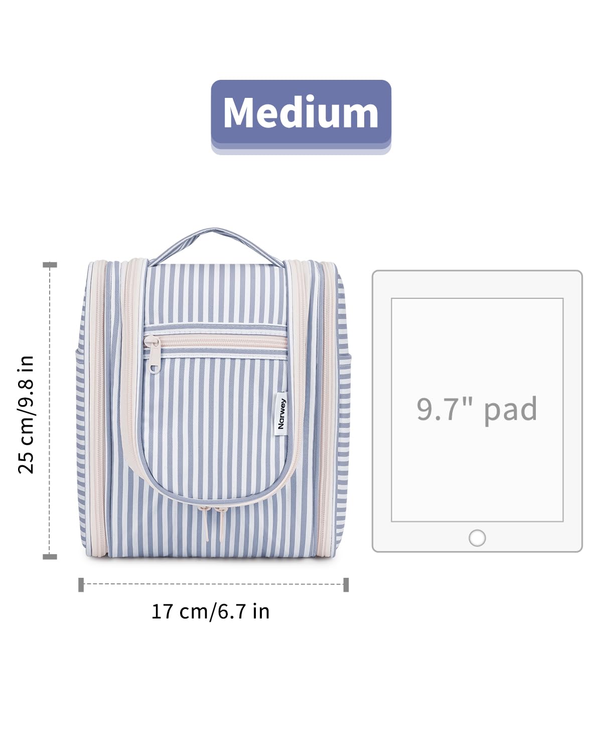 Narwey Small Striped Hanging Travel Toiletry Bag for Women, Travel Bag for Toiletries, Makeup Bag Organizer Cosmetic Bags Make Up Bags for Women (Greyish Blue Stripe)