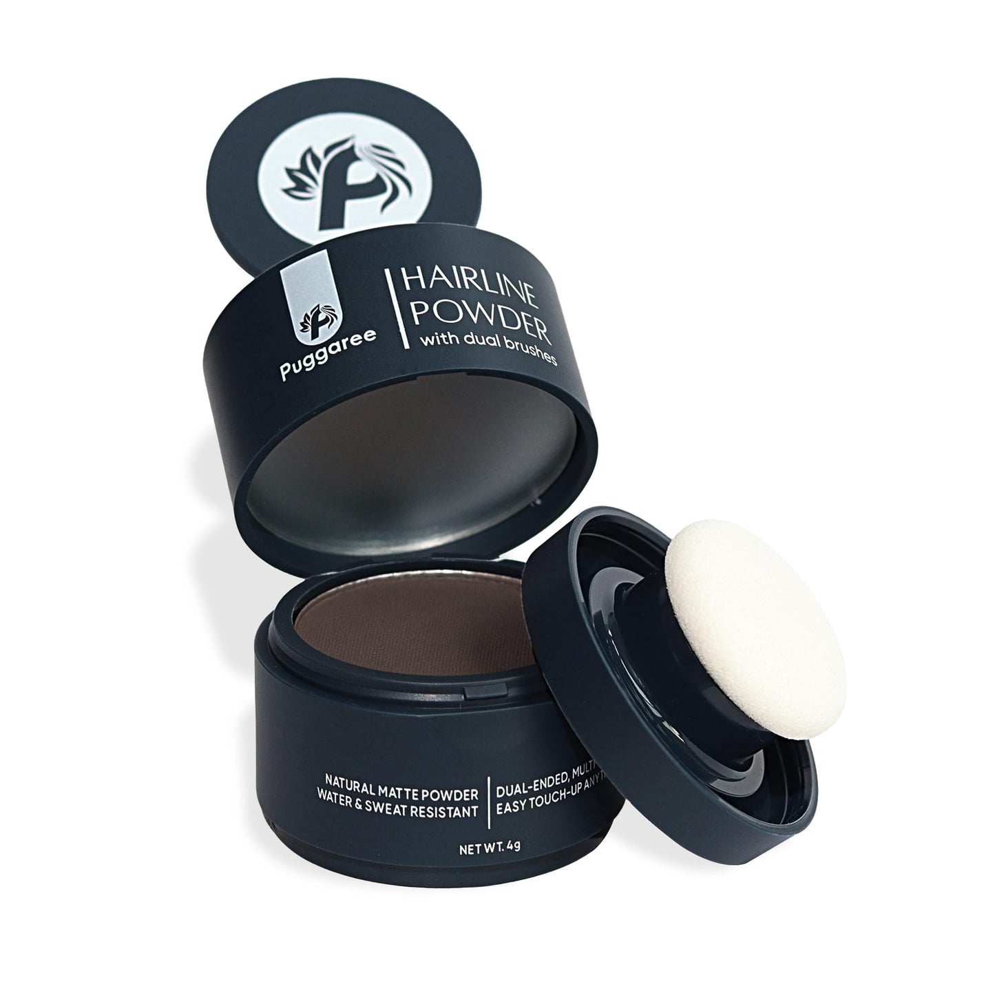 Puggaree Dual Ended Hairline Powder for Root Touch Up and Grey Coverage - Water & Sweat Resistant, Long-Lasting （#01 Dark Brown）