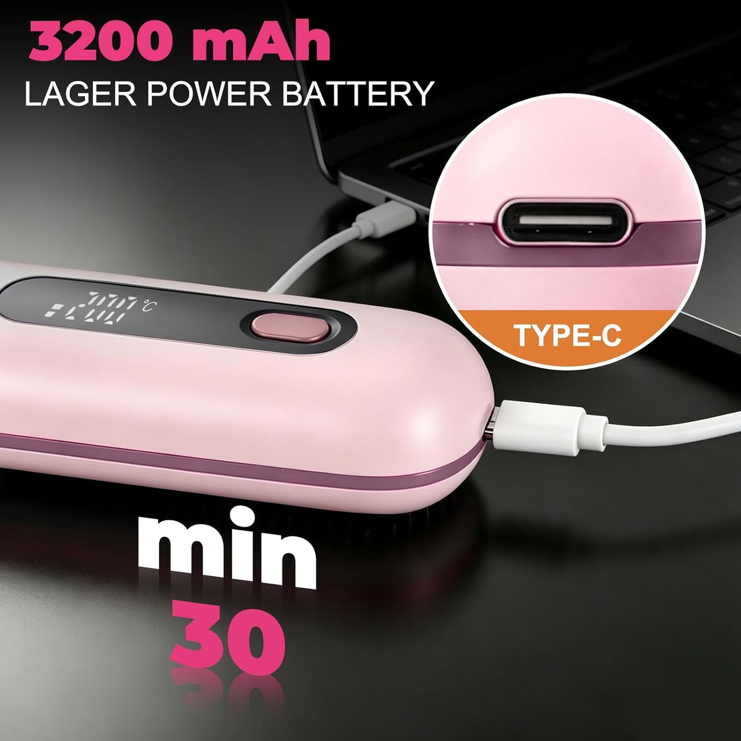 Cordless Hair Straightener Brush - Ionic Frizz-Free, Fast Heating 20s, 3200mAh USB-C | Portable for Travel