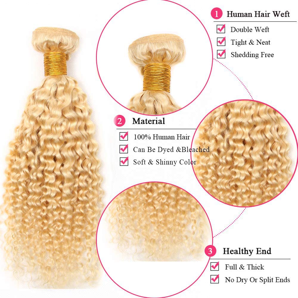 28 30 32 Inch Blonde Bundles Human Hair 613 Blonde Curly Bundle Mixed Length 3 Bundles Unprocessed Brazilian Virgin Hair Extensions