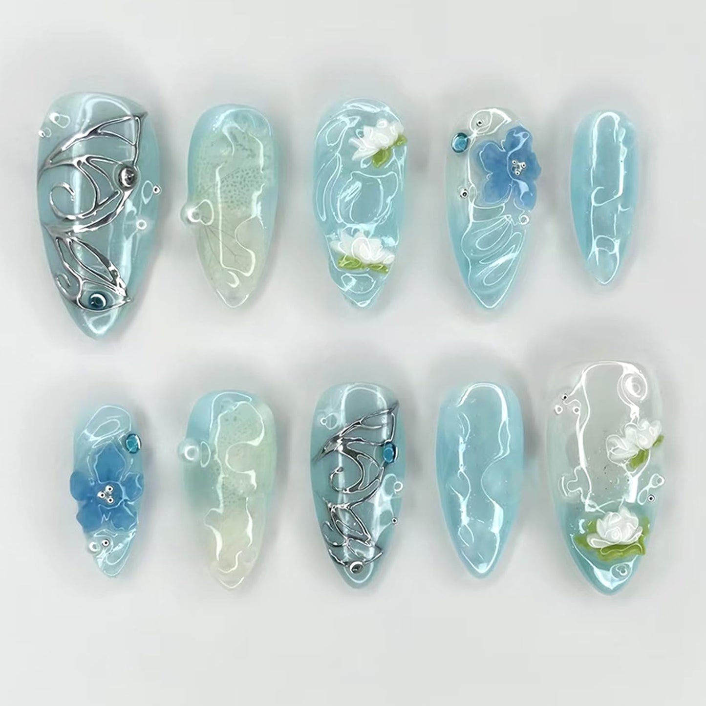 Press-On Nails - 24Pcs Medium Almond Fake Nails with Lotus & Lucky Koi Design | Glossy Full Cover for Spring/Summer DIY Manicure