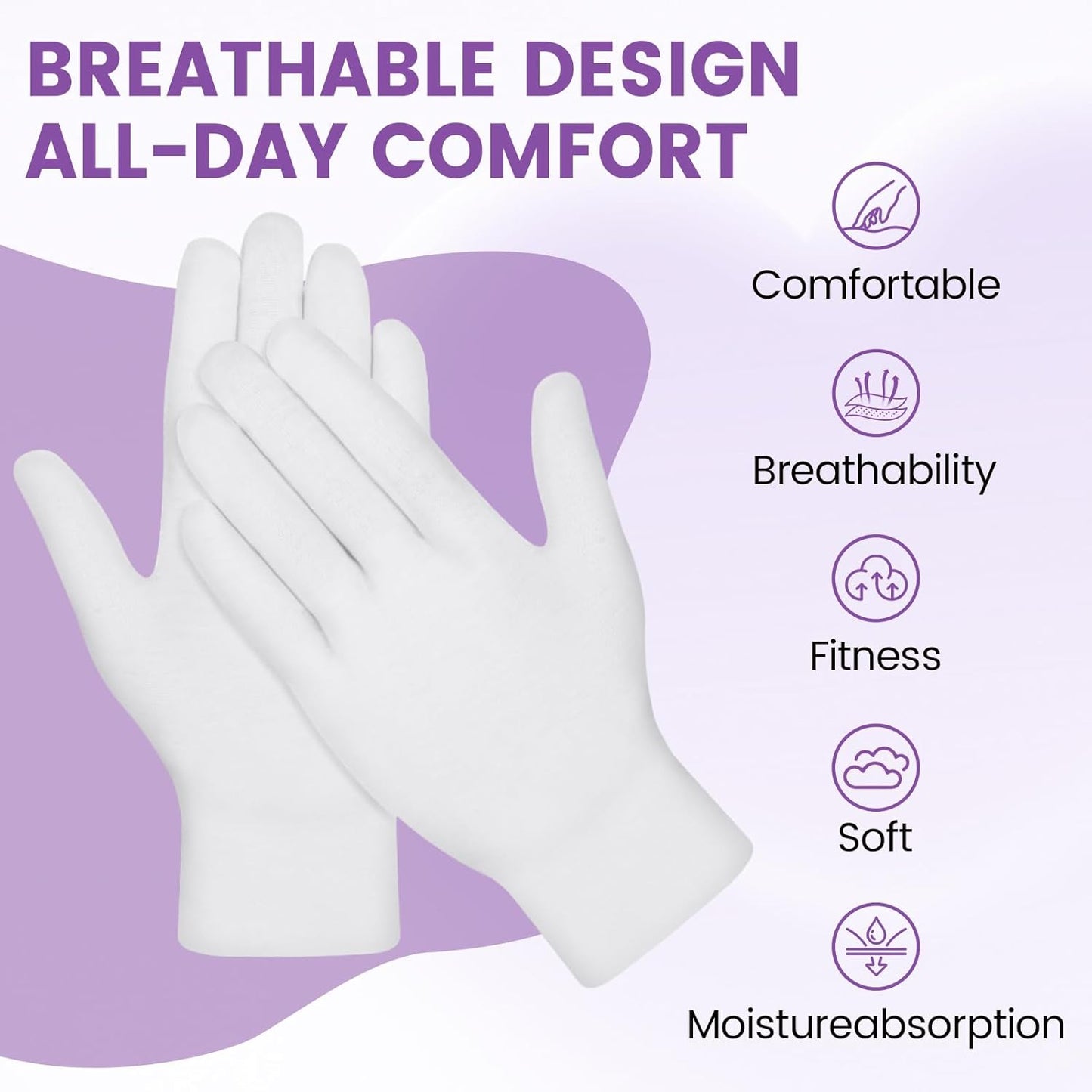 White Cotton Gloves for Dry Hands | Soft Moisturizing Overnight SPA Gloves for Eczema - 60 Pcs