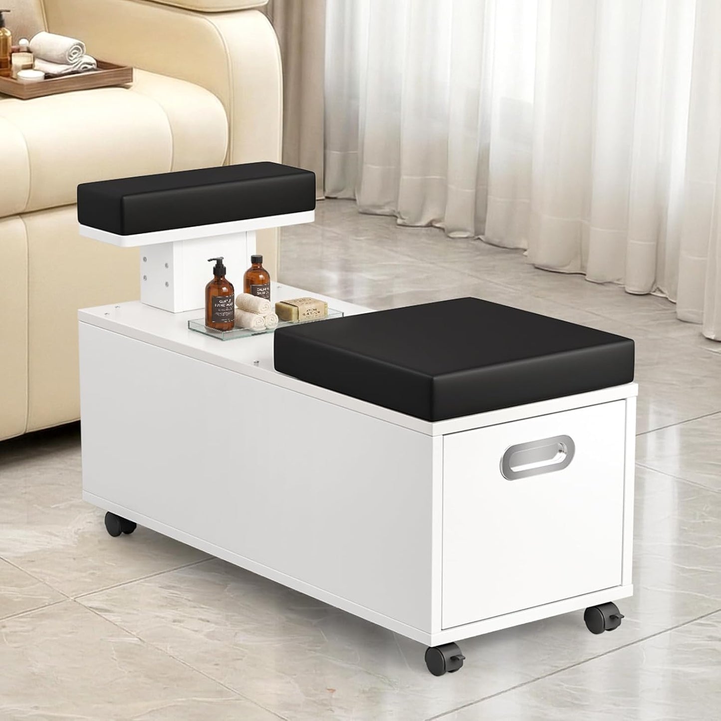 Pedicure Cart - OmySalon Foot Bath Trolley with Storage Drawer & Foot Rest | White, Locking Wheels for Beauty Spa