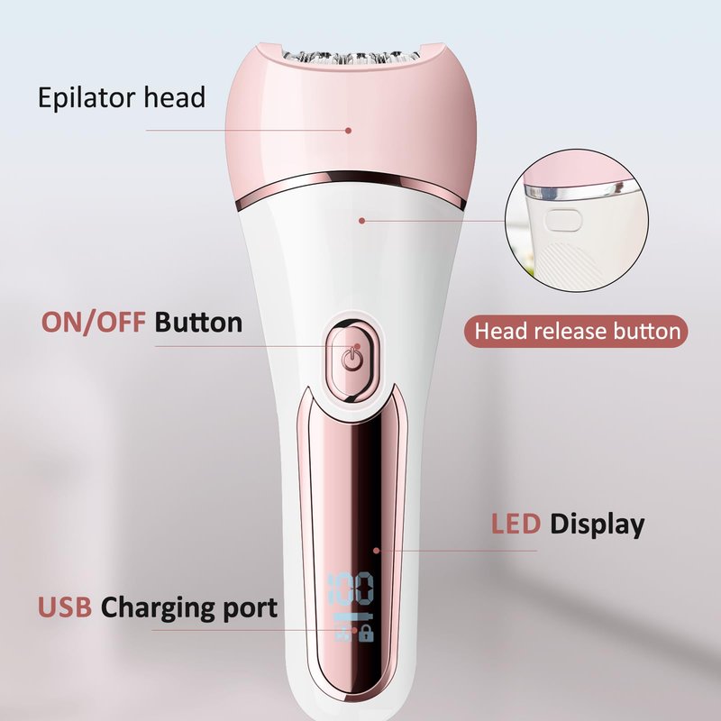 Epilator for Women, 6 in 1 Hair Removal Epilator, Shaver, Face Razor, Facial Brush, Face Massage and Body Exfoliator,IPX7 Waterproof Rechargeable Hair Removal for Women (Pink)
