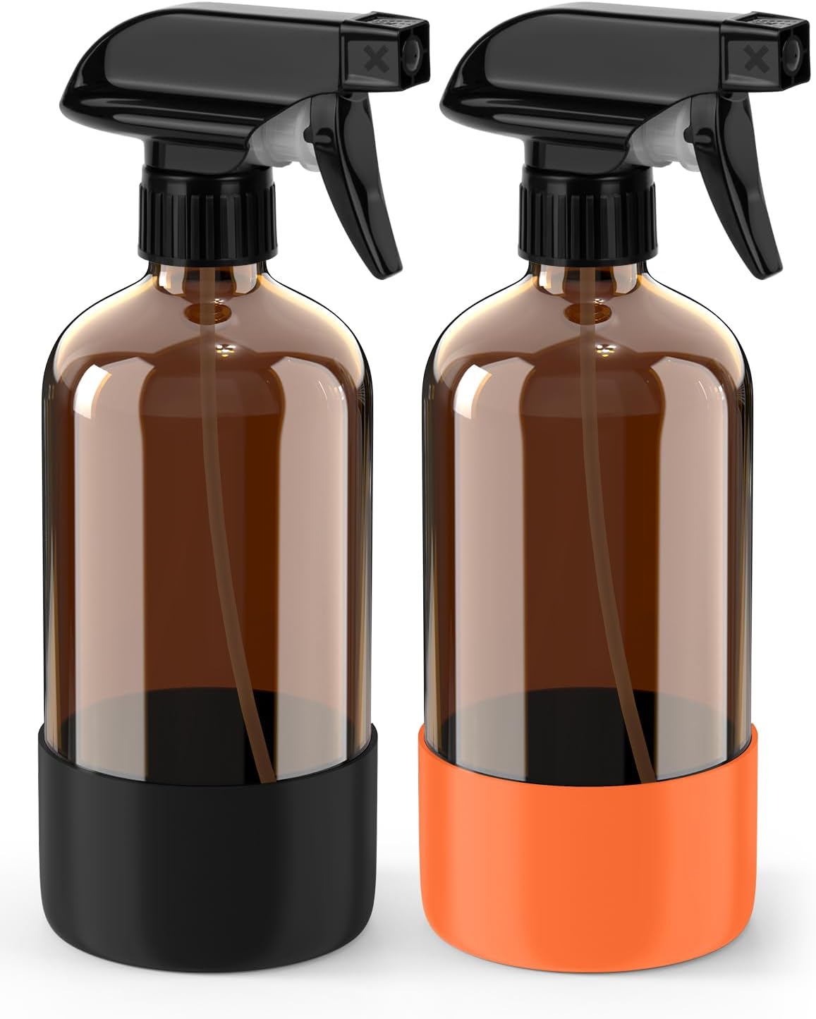 Bontip Amber Glass Spray Bottle Set - Silicone Sleeve Protection for Aromatherapy & Hair Care | 16 oz (Black & Brown)