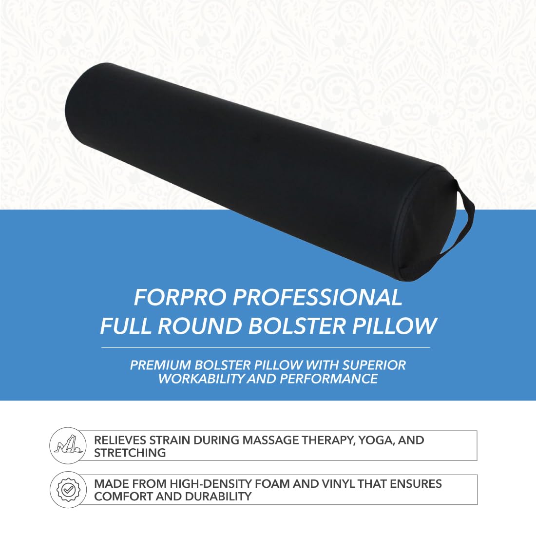 Full Round Bolster Pillow - Black Oil & Stain-Resistant Massage & Yoga Cushion | 6” R x 26” L