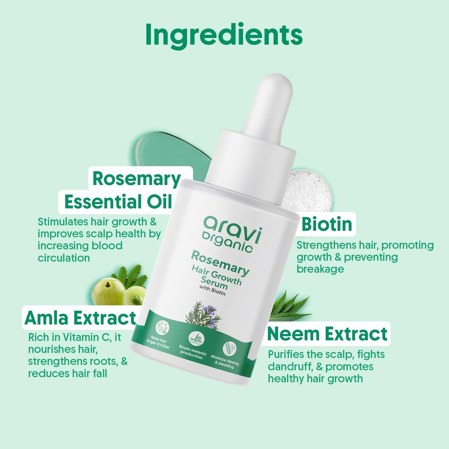 Aravi Organic Rosemary & Biotin Hair Growth Serum - For Hair Growth, Strengthens Hair, and Nourishes Scalp- 1 Fl Oz / 30 ml