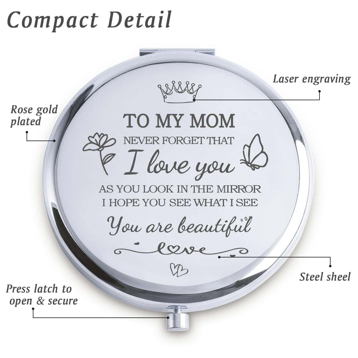 QUSTGO Mom Gifts from Daughter Son, Personalized Gift for Mom, Custom Mother Compact Mirror for Birthday, Mothers Day Basket Stuffers