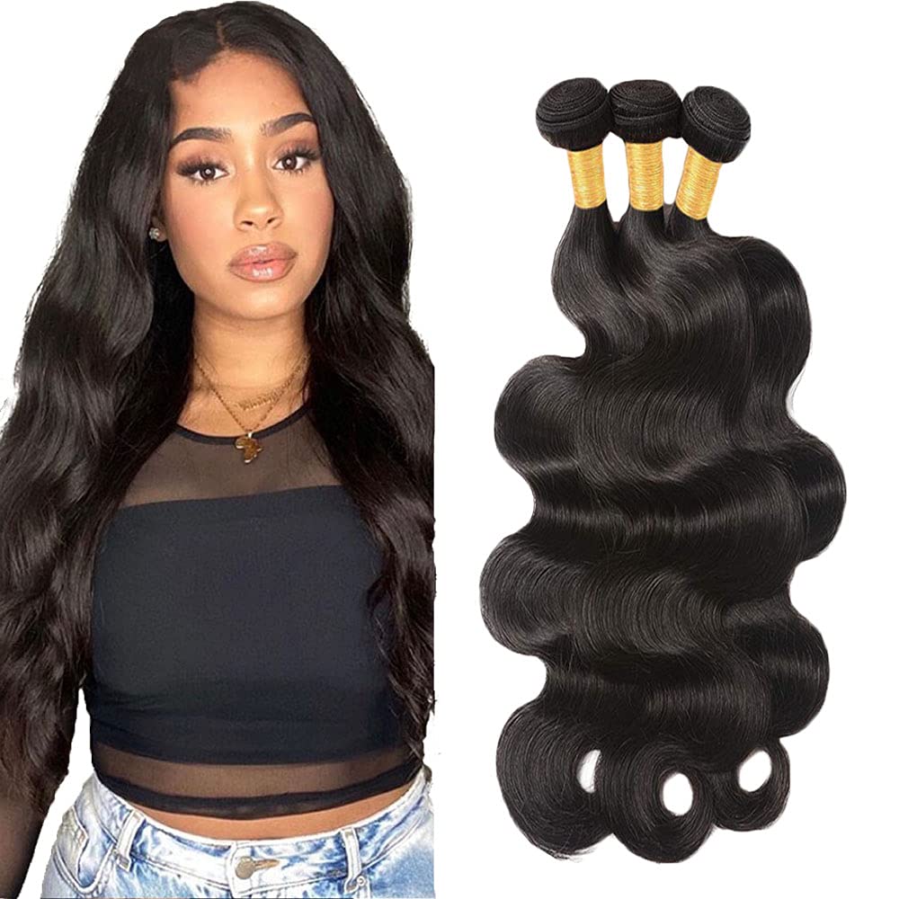 #1B Human Hair Bundles Natural Color Body Wave Bundles 18 20 22 Inch Unprocessed Brazilian Virgin Hair 3 Bundle 50 Gram Per Bundle Deals Quick Weave Hair Extensions