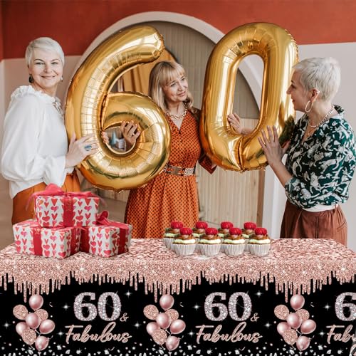 60th Birthday Tablecloth Set - 3 Rose Gold & Black Covers