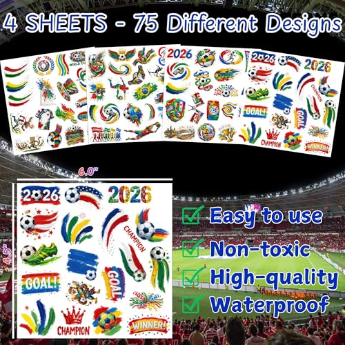 75PCS Soccer Temporary Tattoos Fans Party Favors & Team Spirit Accessories