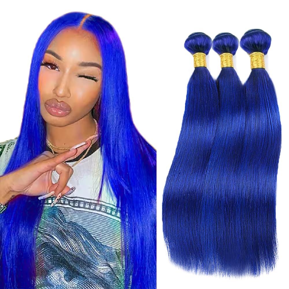 32 32 32 Inch Blue Bundles Human Hair Blue Straight Bundles Same length Brazilian Virgin Blueness Bundle Hair Extensions 300g