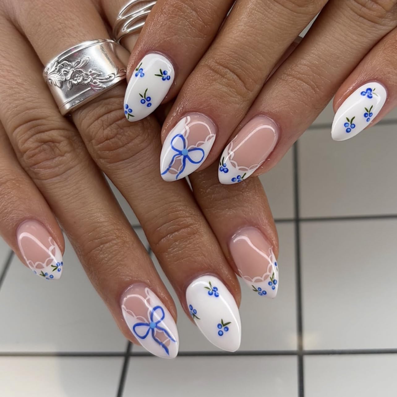 Almond Yellow French Tip Press-On Nails - Ladybug & Green Leaves Design | Reusable Full Cover 24 Pcs for Spring/Summer Manicure