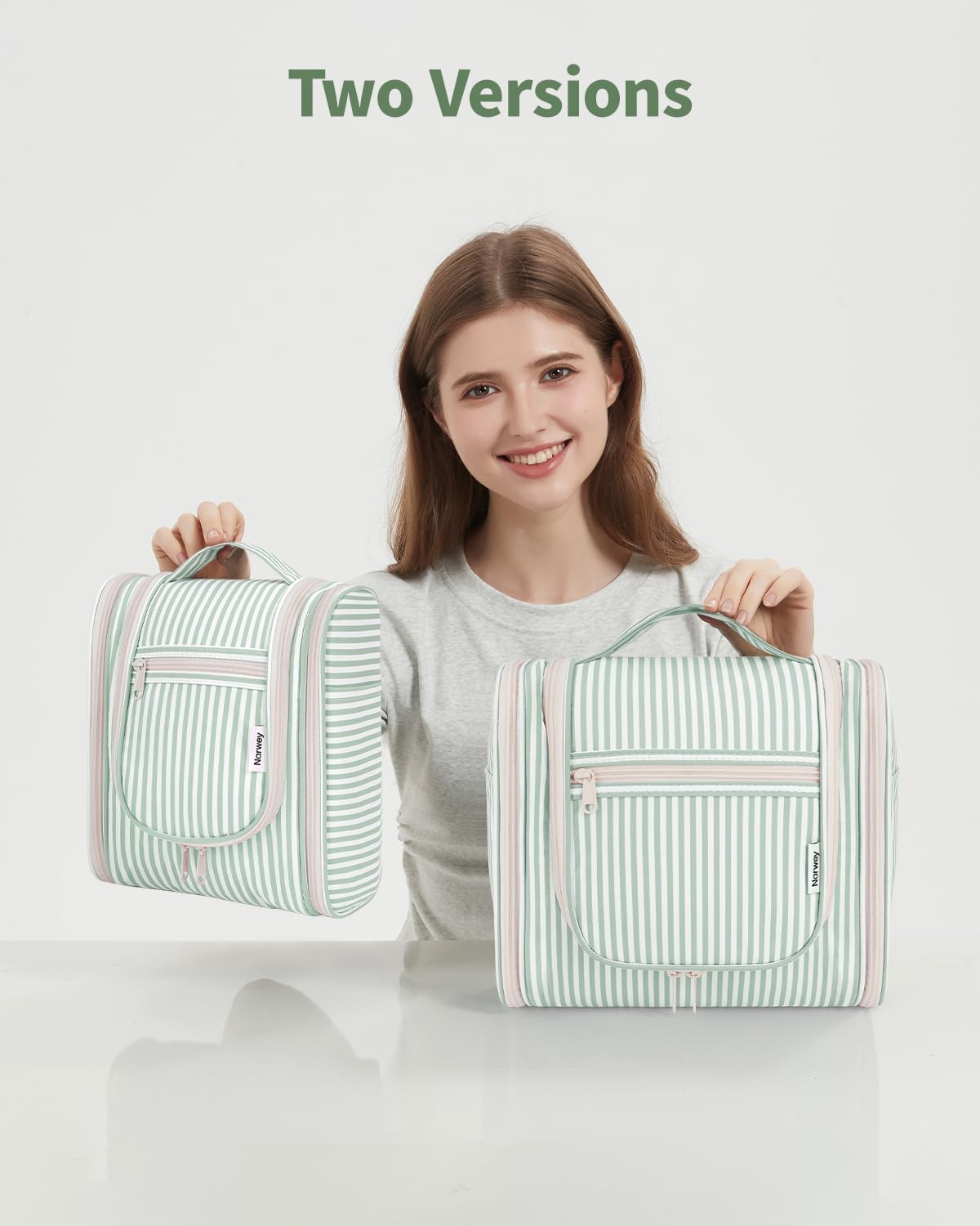 Narwey Travel Toiletry Bag - Small Striped Makeup Organizer for Women | Mint Green Stripe