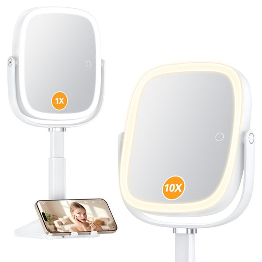 Gospire 1X/10X Lighted Magnifying Mirror with Lights, Height Adjustable Lighted Makeup Mirror with Magnification for Desk, Hidden Phone Stand, 4000mAh 3 Color Modes for Vanity - White