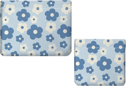 Small Makeup Bag Set - 2 PCS PU Leather Cosmetic Organizer | Portable Travel Toiletry Pouch with Blue and White Floral Design