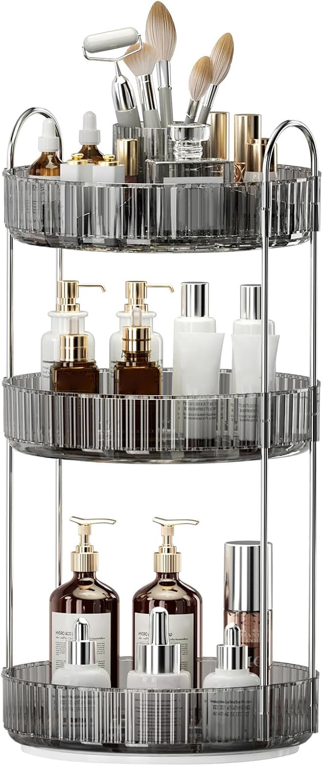 360° Rotating Makeup Organizer - Upgraded 3-Tier Skincare & Perfume Storage | Clear Dresser Organizer with Brush Holder (Amber)