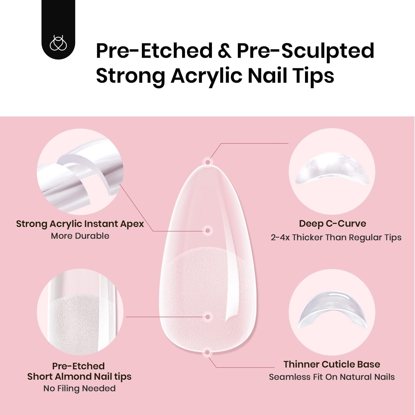 Beetles Tipex Instant Apex Nail Tips, Short Almond, 16 Sizes 00–14, 512pcs, No Builder Gel Required, Thicker Strong Acrylic Tips for DIY Salon-look Extensions