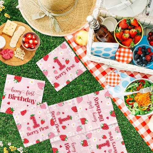 Strawberry 1st Birthday Napkins - 50 Pack Disposable Party Decor