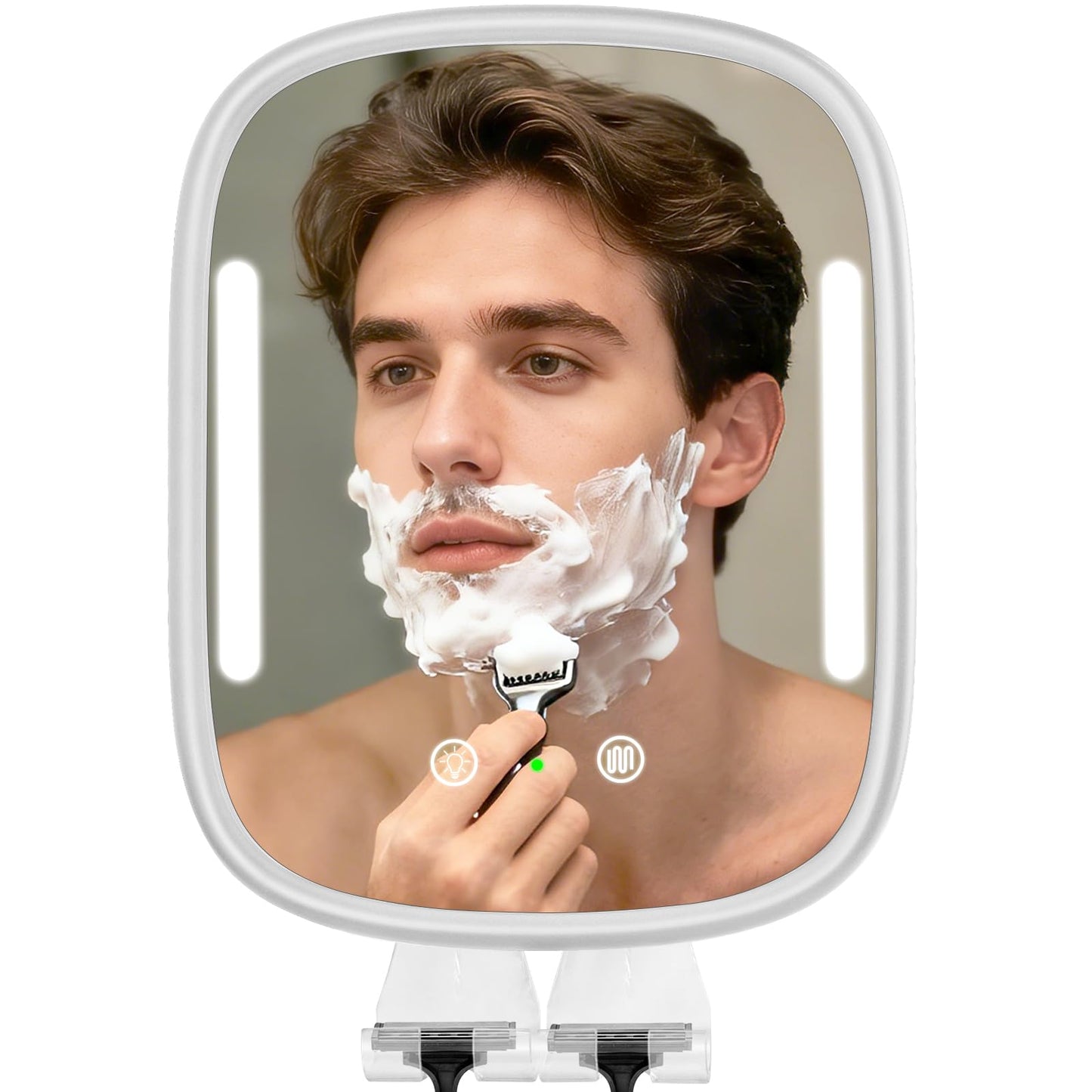 Showvigor Heated Shower Mirror Fogless for Shaving with Light, Rechargeable Battery, Detachable Adhesive Hook & Razor Holder, NO-Drilling Waterproof Anti-Fog Mirror, Gift for Men(White)