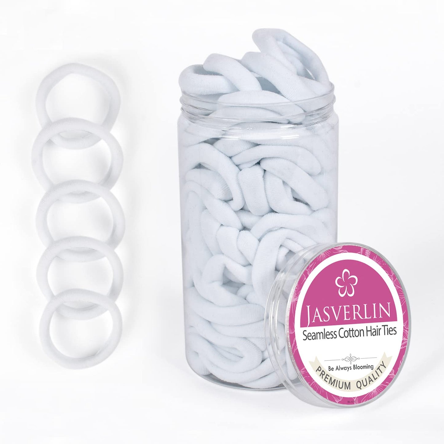 JASVERLIN Seamless Cotton Hair Ties - 100 Pcs Thick No-Damage Ponytail Holders | 1.5 Inch, 5 Colors