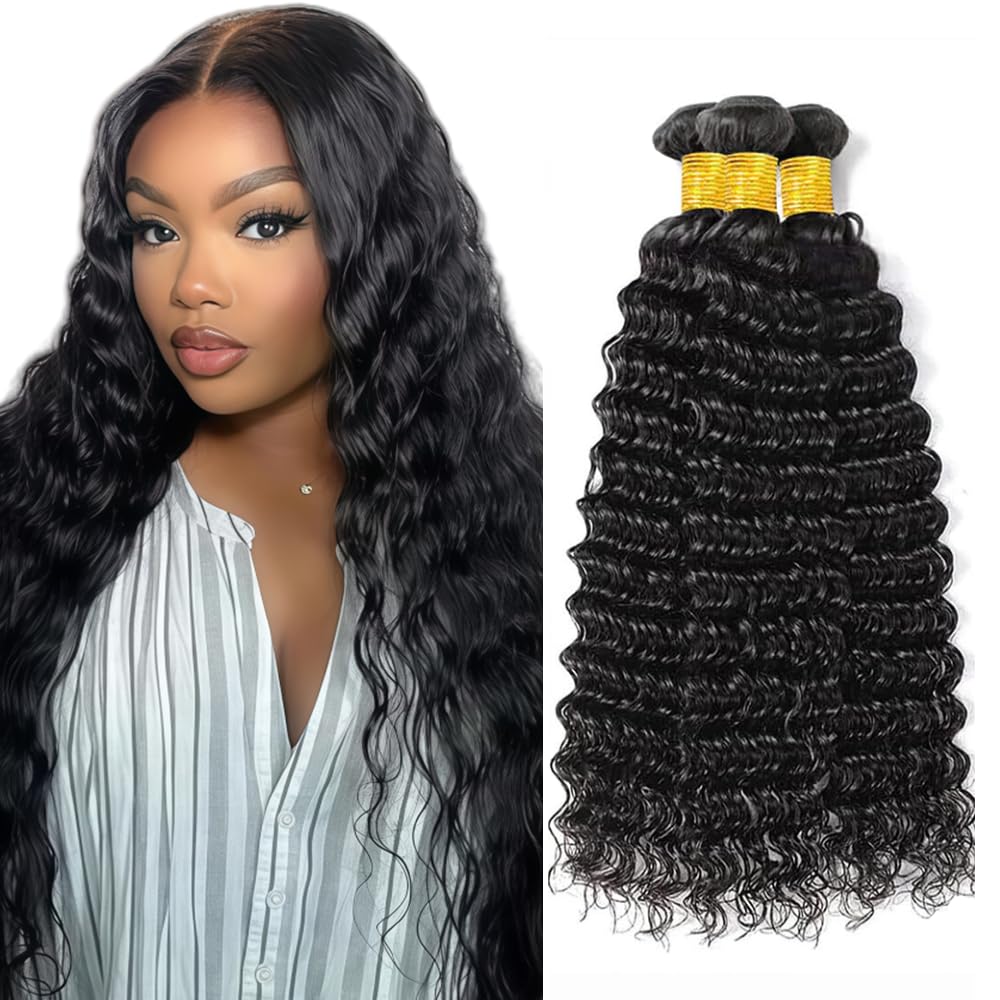 26 28 30 Inch Deep Wave Bundles Human Hair Deep Wave Bundles HuxoWax Black Human Hair Bundle Unprocessed Color 1B Wet and Wavy Bundles For Women