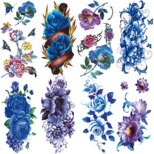 Oottati TL-A10 Waterproof Temporary Tattoo Stickers 8 Sheets - Blue, Purple, Rose, Lotus, Butterfly, Long-Lasting Arm Jewelry