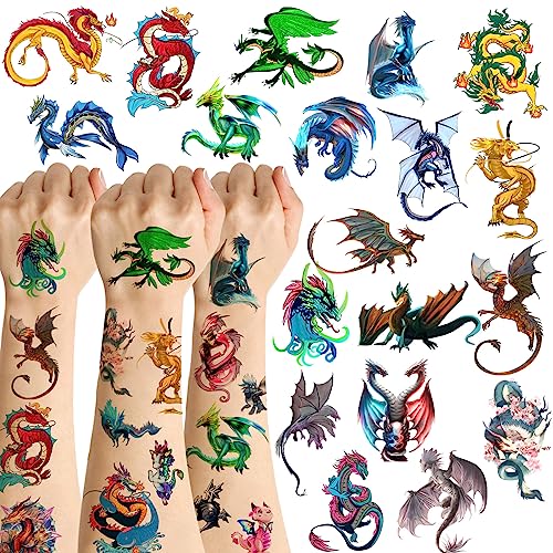Dragon Temporary Tattoos for Parties - 144 Pieces, 20 Sheets, Kids & Adults