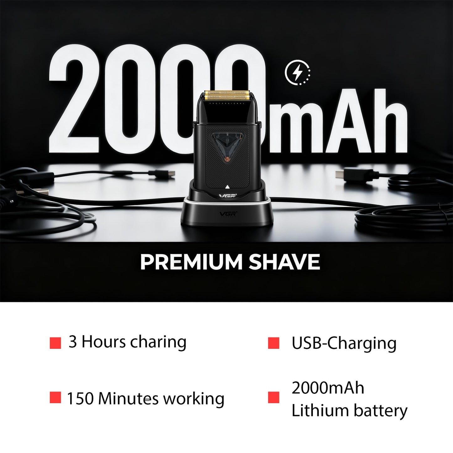 VGR 334 Foil Shaver for Men, Professional Electric Razor for Shaving Face & Bald Head, 10000RPM Vector Motor, Double Titanium Foils, LED Display, USB Charging Base, Men's Electric Shavers for Barbers
