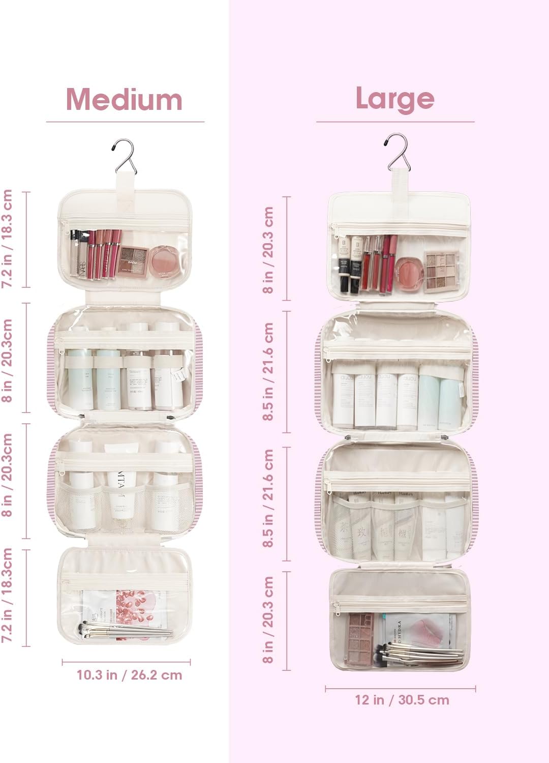 Striped Hanging Toiletry Bag for Women - Travel Makeup Organizer | Medium Dusty Pink Stripe