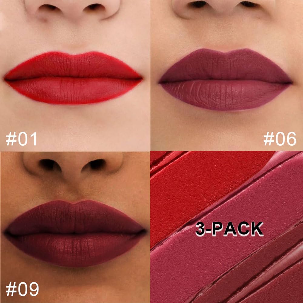 HHLTOH 3Pcs 2-in-1 Lip Liner and Lipstick Set for Women, Wine Red Matte Shimmer Lip Kit, Long-Lasting Waterproof Non-Drying Lipstick for Mature Skin, Vegan & Cruelty-Free