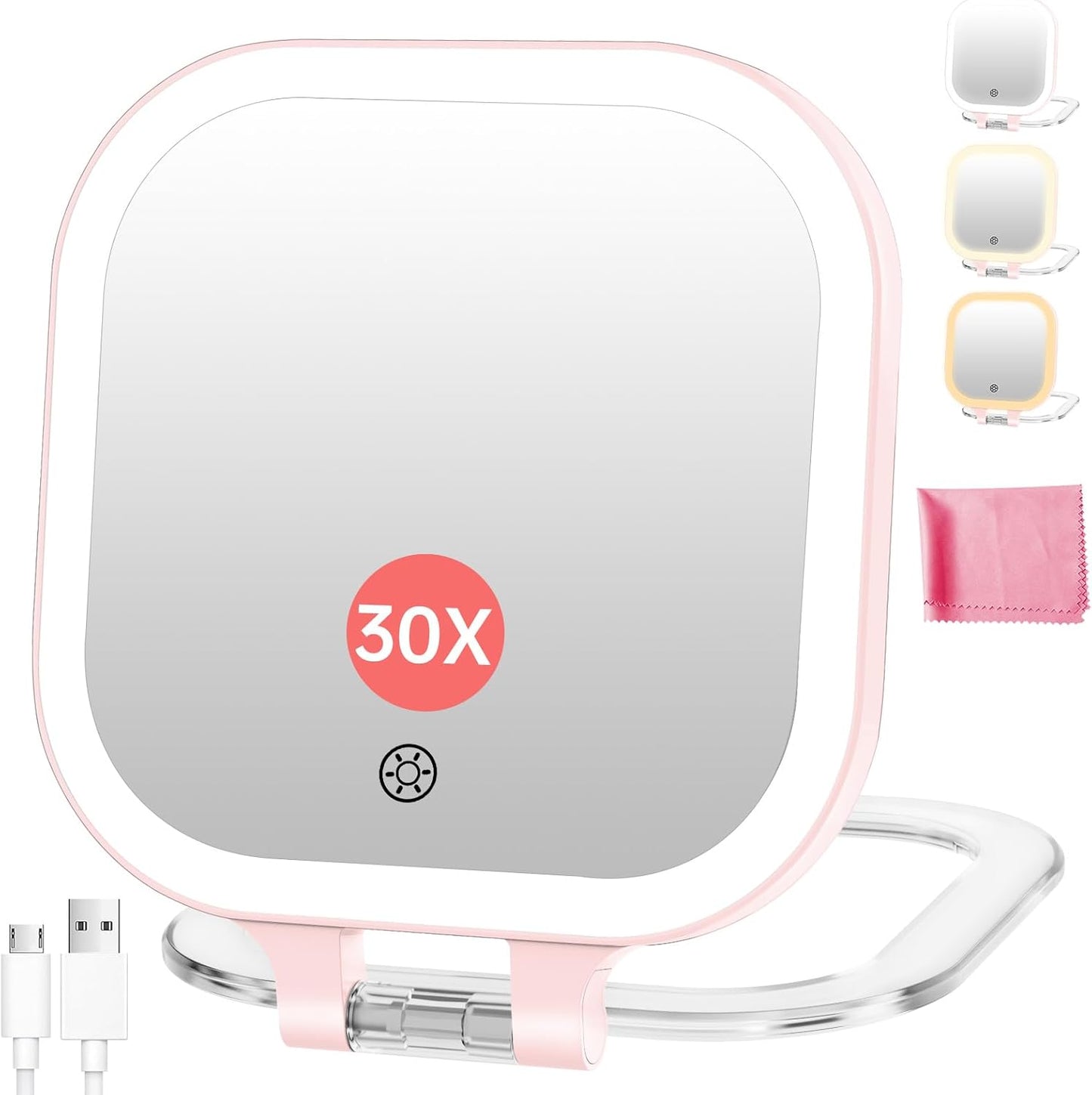 Rechargeable Travel Makeup Mirror - 30X Magnification, 7" Lighted Vanity Mirror with 3 Color Lighting & Dimming | Black