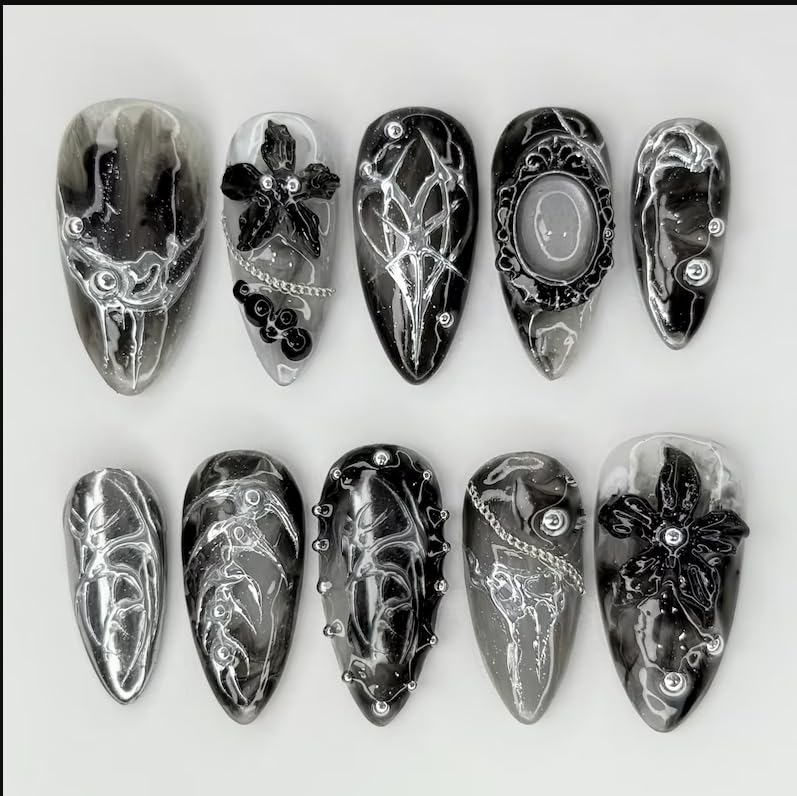 Colorful Gothic Press-On Nails Set with 3D Flowers & Chains - Medium Almond Black Silver for Women