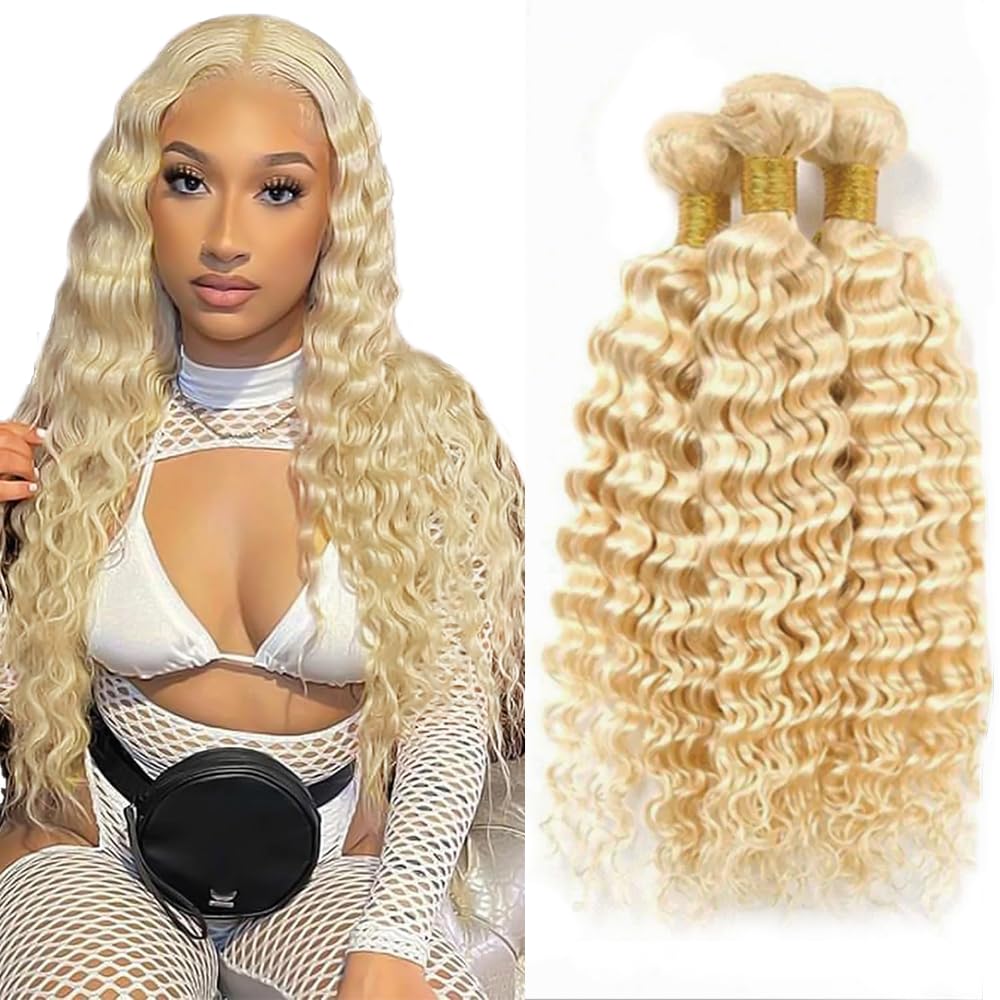 613 Bundles Human Hair Blonde Deep Wave Bundle 613 Deep Wave Bundle Human Hair Unprocessed Virgin Hair 3 Bundles 16 18 20 Inch