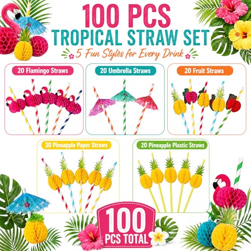 Tropical Party Straws Set - 100PCS 3D Flamingo & Pineapple Straws