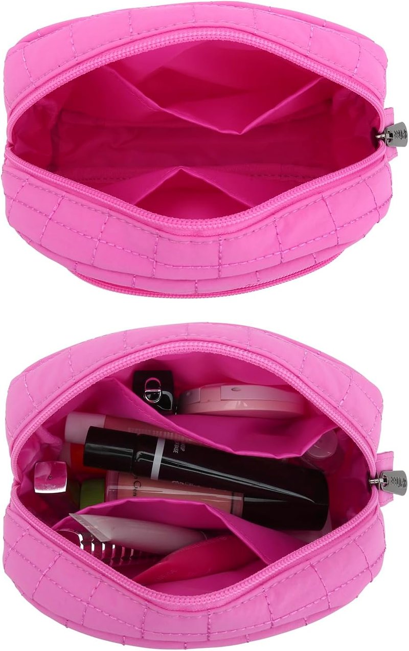 Quilted Makeup Bag - E-Tree Puffer Cosmetic Pouch for Women | Travel Toiletry Organizer Case (Pink)