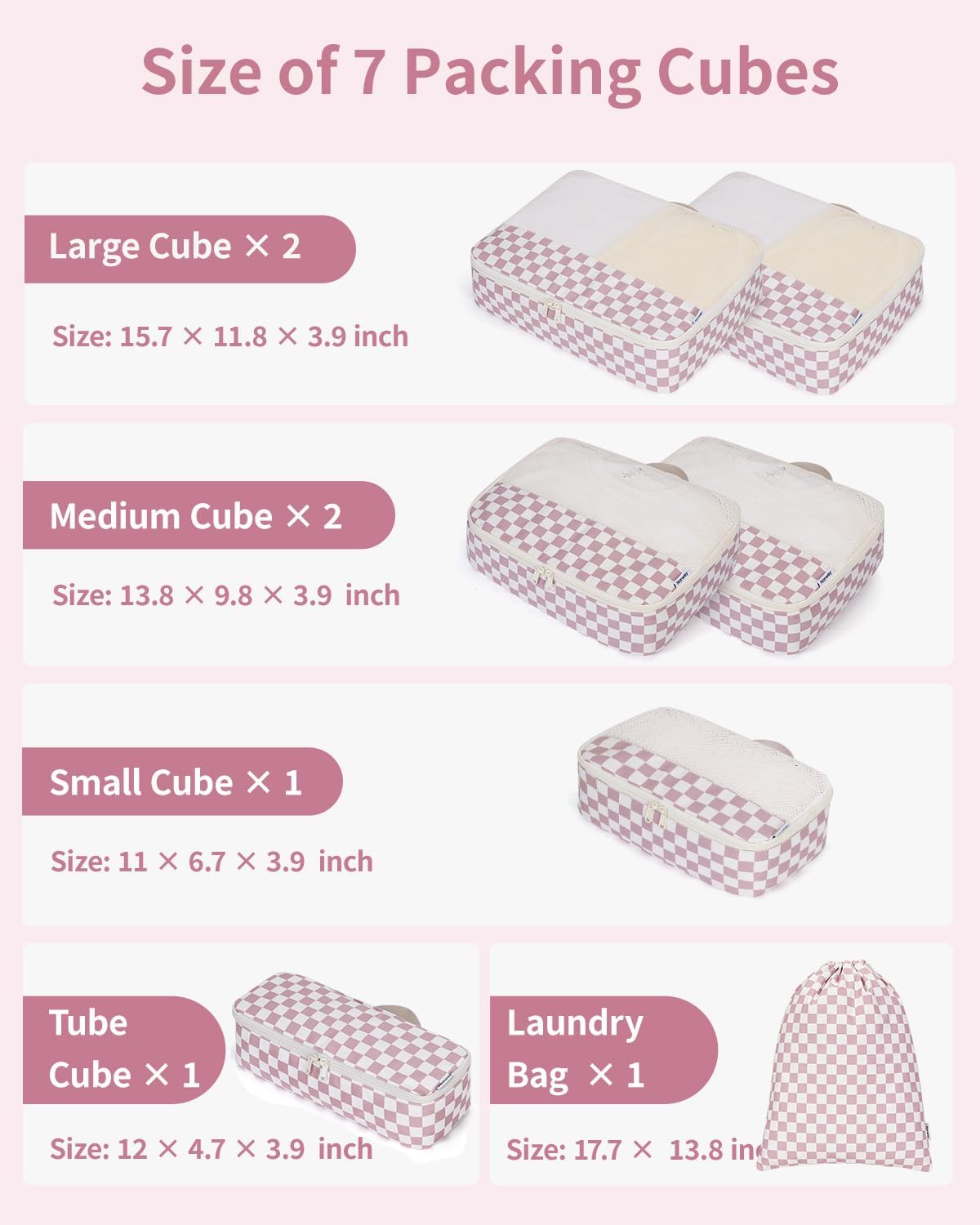 Checkered Packing Cubes - 7 Set Travel Organizer Bags for Suitcase | Durable Dusty Pink Design