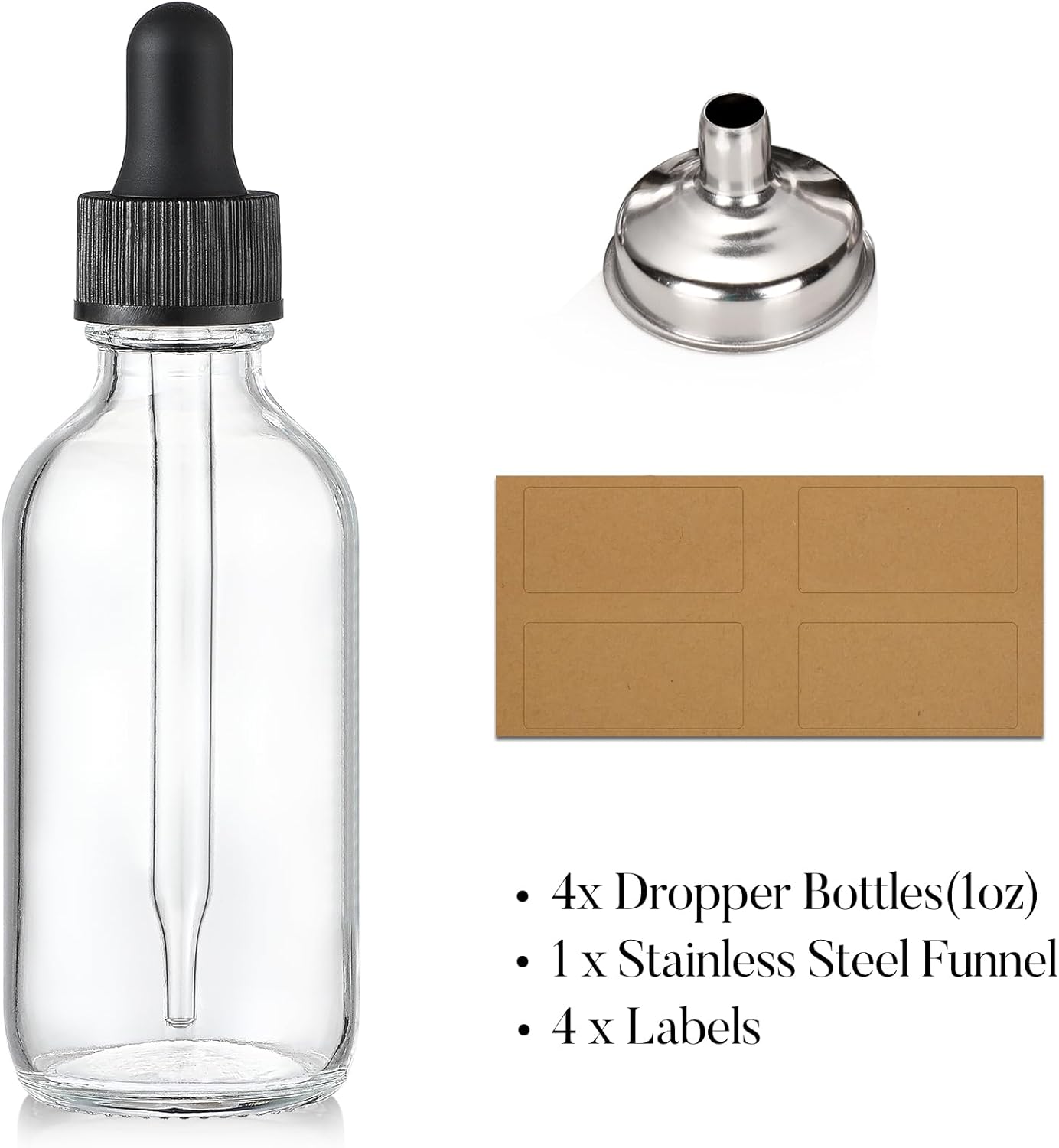 Clear Eye Dropper Bottles Set of 4 - 1 oz Thick Glass Tincture Bottles with Funnels & Labels | Leakproof for Essential Oils & Beauty